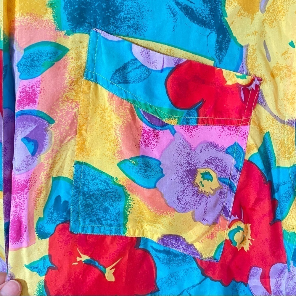 Vintage Silk Hawaiian Shirt Bold Colorful Floral 80s Pop Art‎ Take Away Medium - Picture 5 of 8